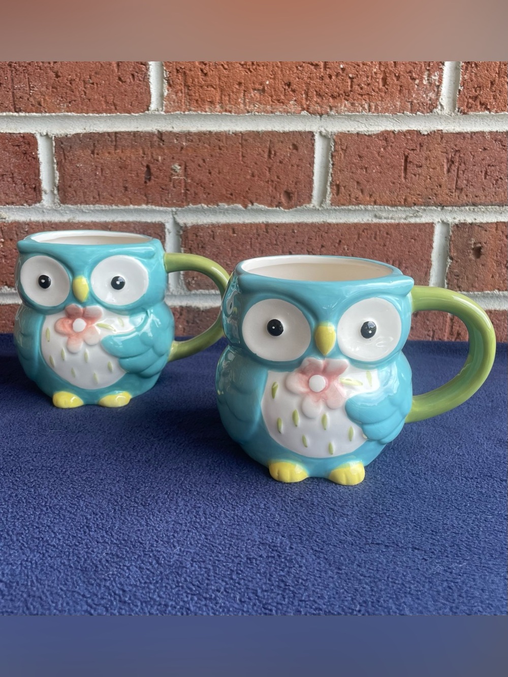 Set of 2 - Teal Figural Owl Ceramic Mug with Pink Flower Accent